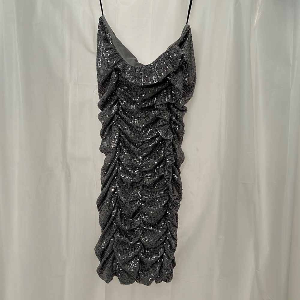 Silver, sparkly/sequin, strapless, ruched Forever 21 mini dress